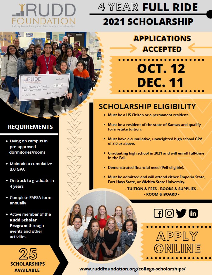 The GREAT people of <a href="/RuddFoundation/">Rudd Foundation</a> are offering 2⃣5⃣ FULL-RIDE SCHOLARSHIPS to KS seniors w/ financial need. <a href="/WichitaState/">Wichita State</a> is proud to be in the partnership, w/ more than 4⃣0⃣ #RuddScholars who are #Shockers right now!

Watch a Rudd Scholar Surprise:  youtube.com/watch?v=G7eMoY…