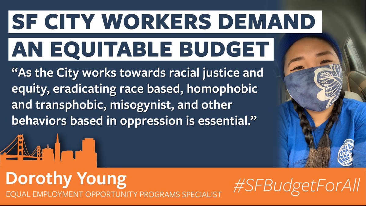 IFPTE21's tweet photo. Public workers represent one of the most diverse sectors of San Francisco's economy, and Dorothy helps ensure they are respected at work.
Protecting the most marginalized residents of our city means protecting city workers. #SFBudgetForAll https://t.co/R7L0wZGsTE