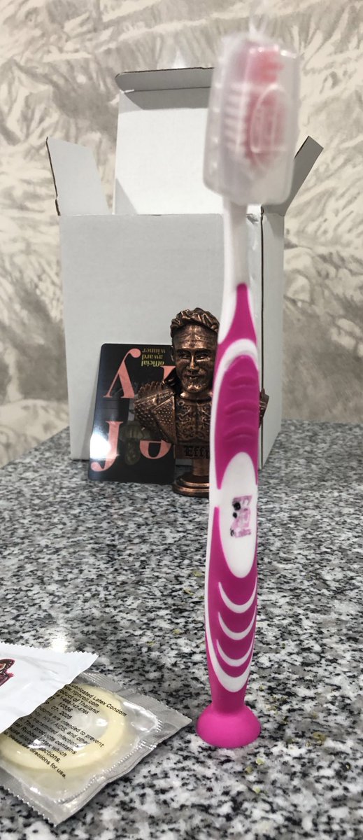EFFYlives's tweet photo. You'll get the award and membership card as well as a signed 8x10 from @Brainbuster__ , the suction cup hygiene EFFY toothbrush, The EFFY condom, and the enamel pin designed by @kevinxku https://t.co/O6178V4r2U