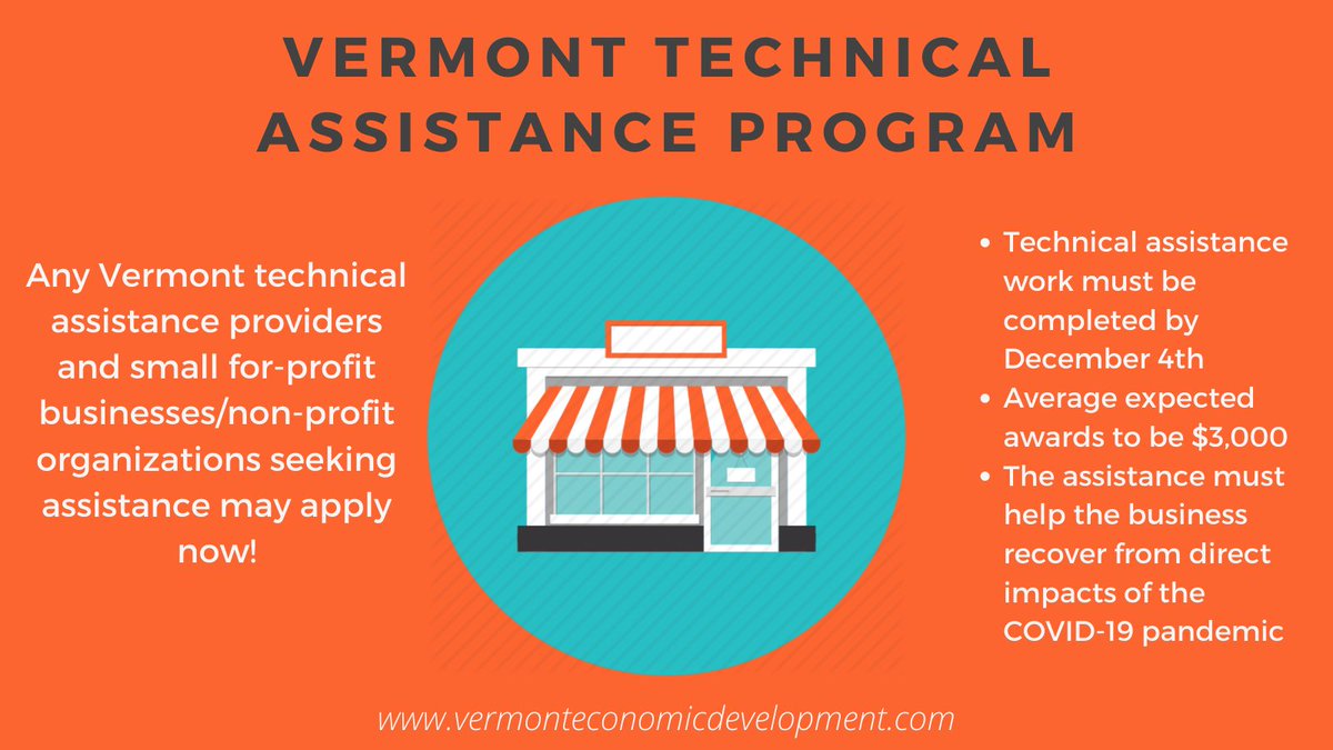 Vermont for-profit businesses and non-profit organizations that have been negatively impacted by the pandemic now may seek free technical business assistance from VT's Small Business Recovery Technical Assistance Program! To see more info and apply, visit vermonteconomicdevelopment.com.