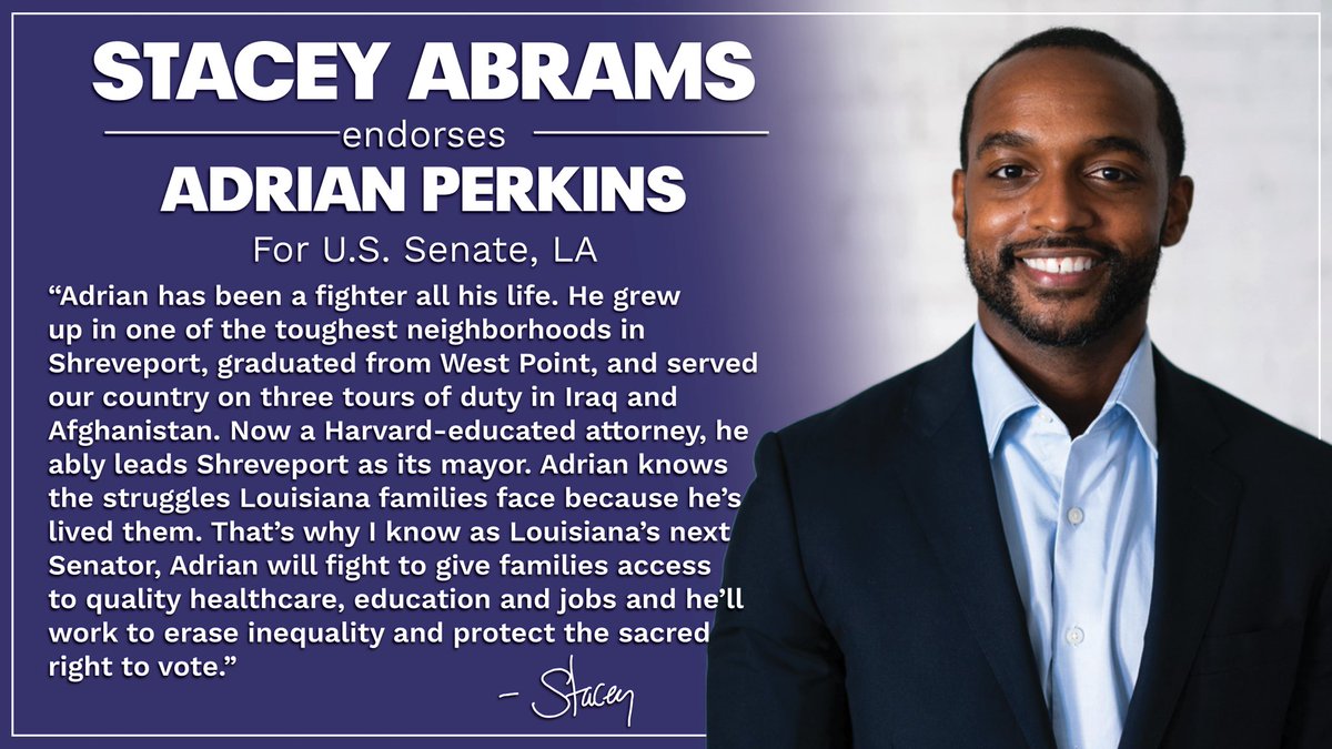 .<a href="/perkinsforLA/">Adrian Perkins</a> has been a fighter all his life. And I know as Louisiana’s next U.S. Senator, he will continue the good fight for quality affordable healthcare, economic opportunity and more. #lapol