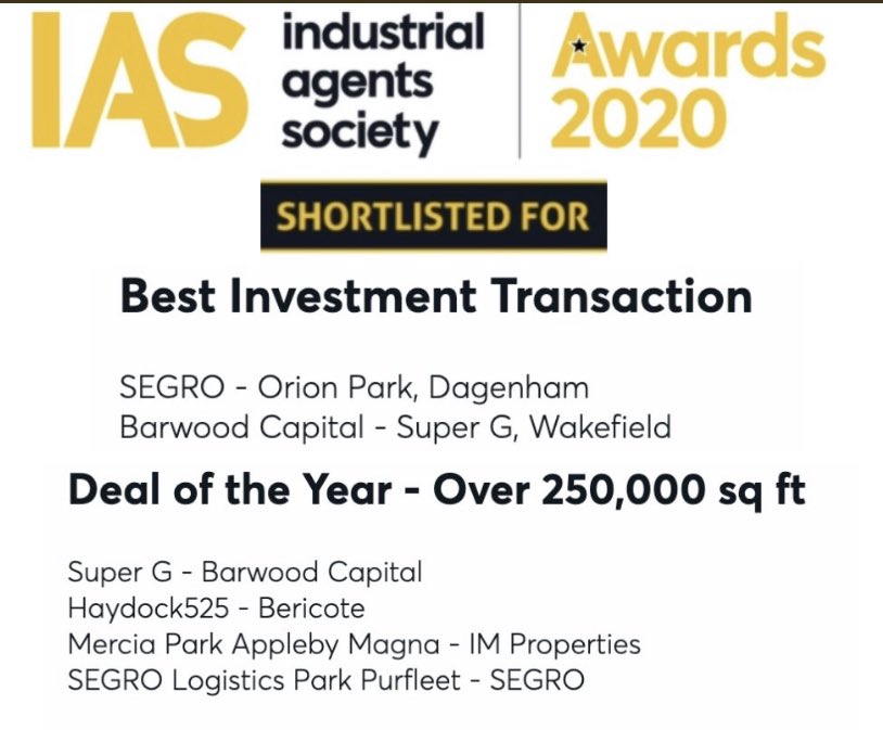 We are looking forward to the virtual IAS Awards at 1pm on Thursday 24th September awards.industrialagentssociety.com 

Good luck🤞to our clients on #SuperG <a href="/barwood_capital/">Barwood Capital</a> <a href="/Tungsten_prop/">Tungsten Properties</a> #iasawards2020 #worthywinners