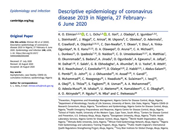 📢 #NCDCPublication

Our latest paper describing the epidemiology of #COVID19 in Nigeria has been published on <a href="/Epidemio_Infect/">Epidemiology & Infection</a> journal.

The development of this paper was led by NCDC staff &amp; Nigeria’s State Epidemiologists.

📜 cambridge.org/core/journals/…

Thread on major findings👇🏽