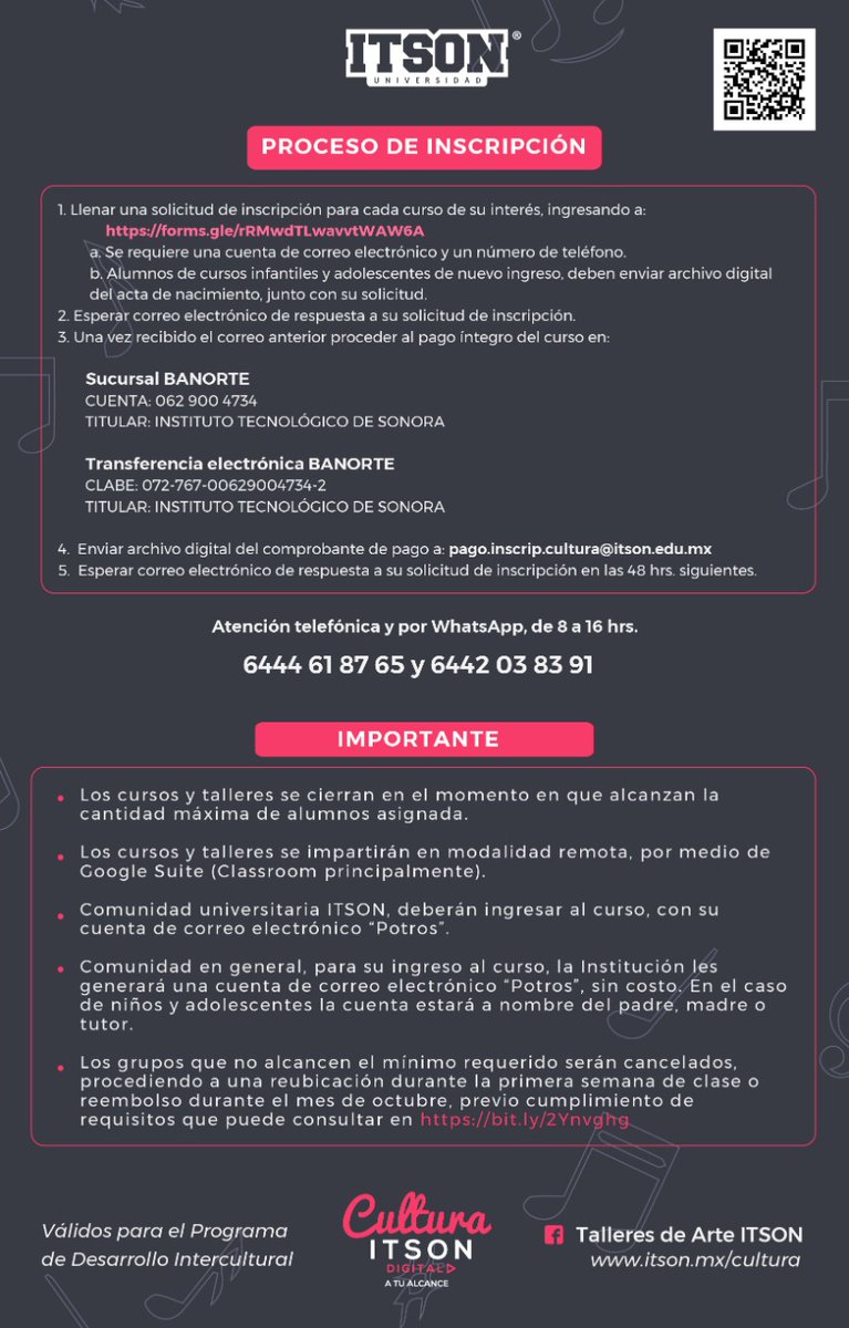 Últimos lugares: Talleres de Arte
✅Danza clásica II
✅Ritmos latinos (Salsa, merengue y bachata)
✅Pintura (Acuarela)
✅Pintura (Técnica mixta)
✅Hip hop adolescentes y adultos
Ficha de inscripción en bit.ly/Solicitud_EN_L…
Mayor información, llamada o whatsapp: 
6441 61 44 14