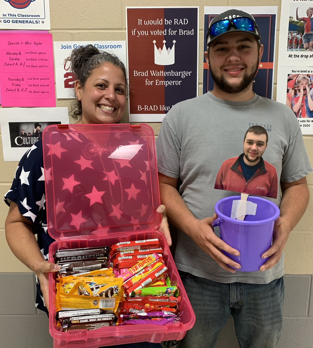 SgaHeritage's tweet photo. Brad (with teacher sponsor, Mrs.Taylor) has a solid lead on day 1 of the battle to be crowned emperor of the Taj! Can anyone else catch up?? Bring your spare change to vote for your favorite!! https://t.co/CZuR0FKEa6