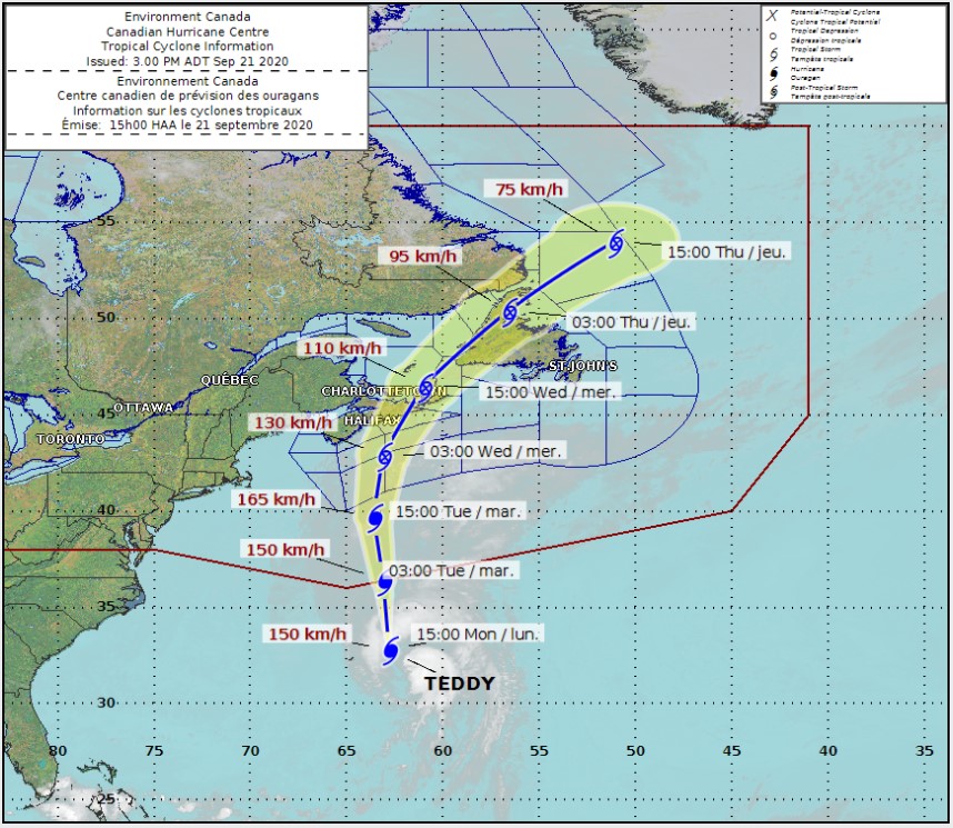 We are monitoring forecast information on the weather system now classified as Hurricane Teddy anticipated to arrive in Newfoundland and Labrador as a post-tropical storm Wednesday evening. Further details will be available as the system moves closer to the province. #BePrepared