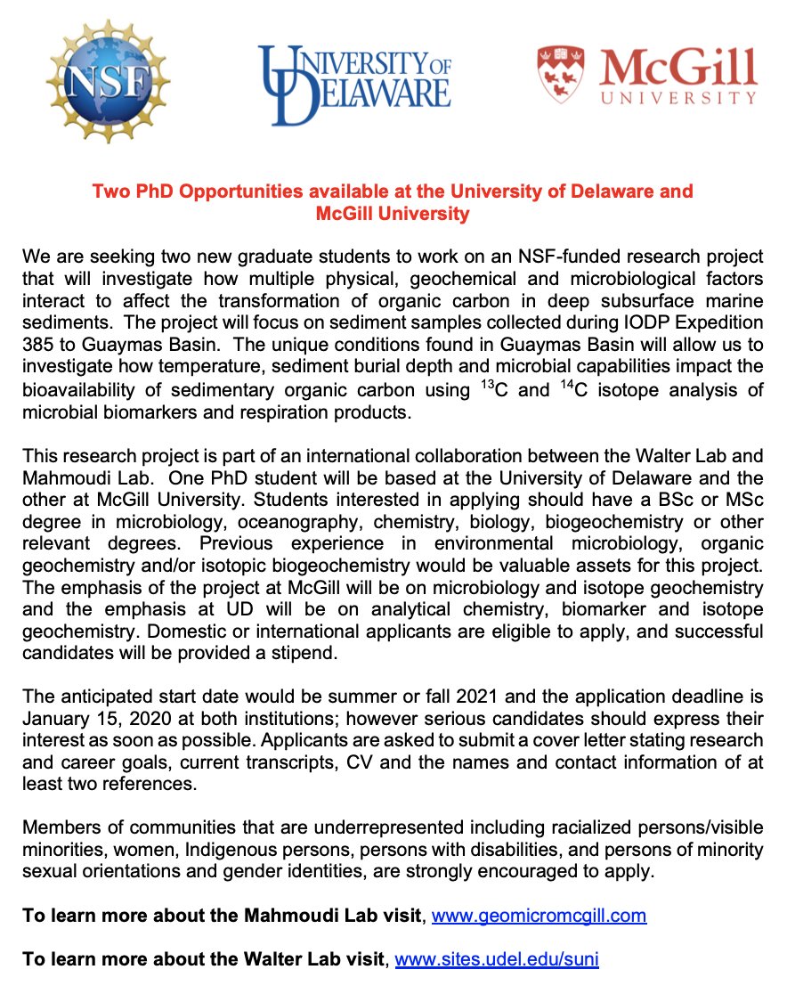 Graduate student opportunity 👇 ***Please RT*** Suni Shah Walter (@biogeochemo) and I are looking for 2 PhD students for an exciting new project focused on deep subsurface sediments from Guaymas Basin. One PhD student will be based at the #UDel and the other at #McGill.