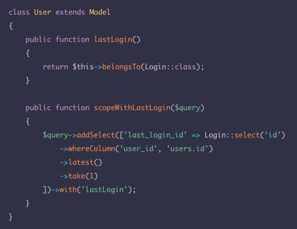 You can create dynamic relationships — this relationship is based on a column that's added using a subquery, in a scope