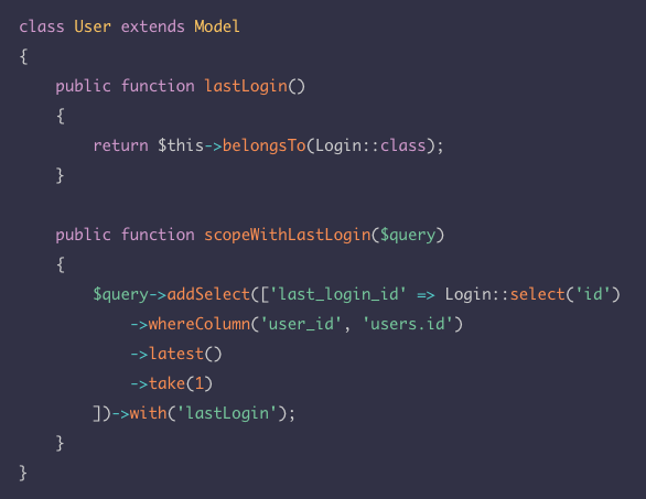 20.2 You can create dynamic relationships — this relationship is based on a column that's added using a subquery, in a scope.