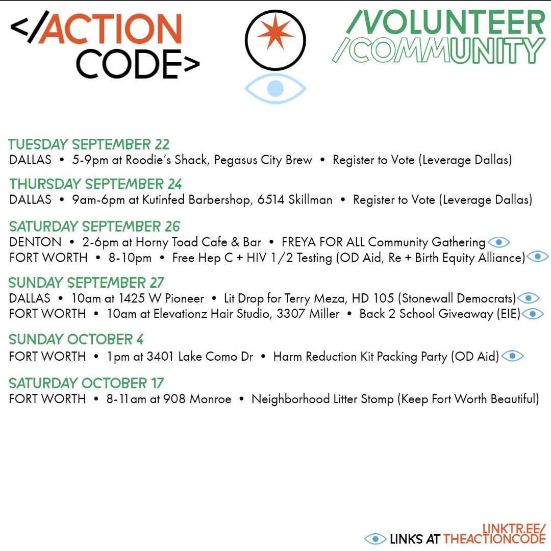 theactioncode's tweet image. Monday 9/21 + Upcoming

We Take The Streets will also meet at 6pm today, Dallas City Hall.