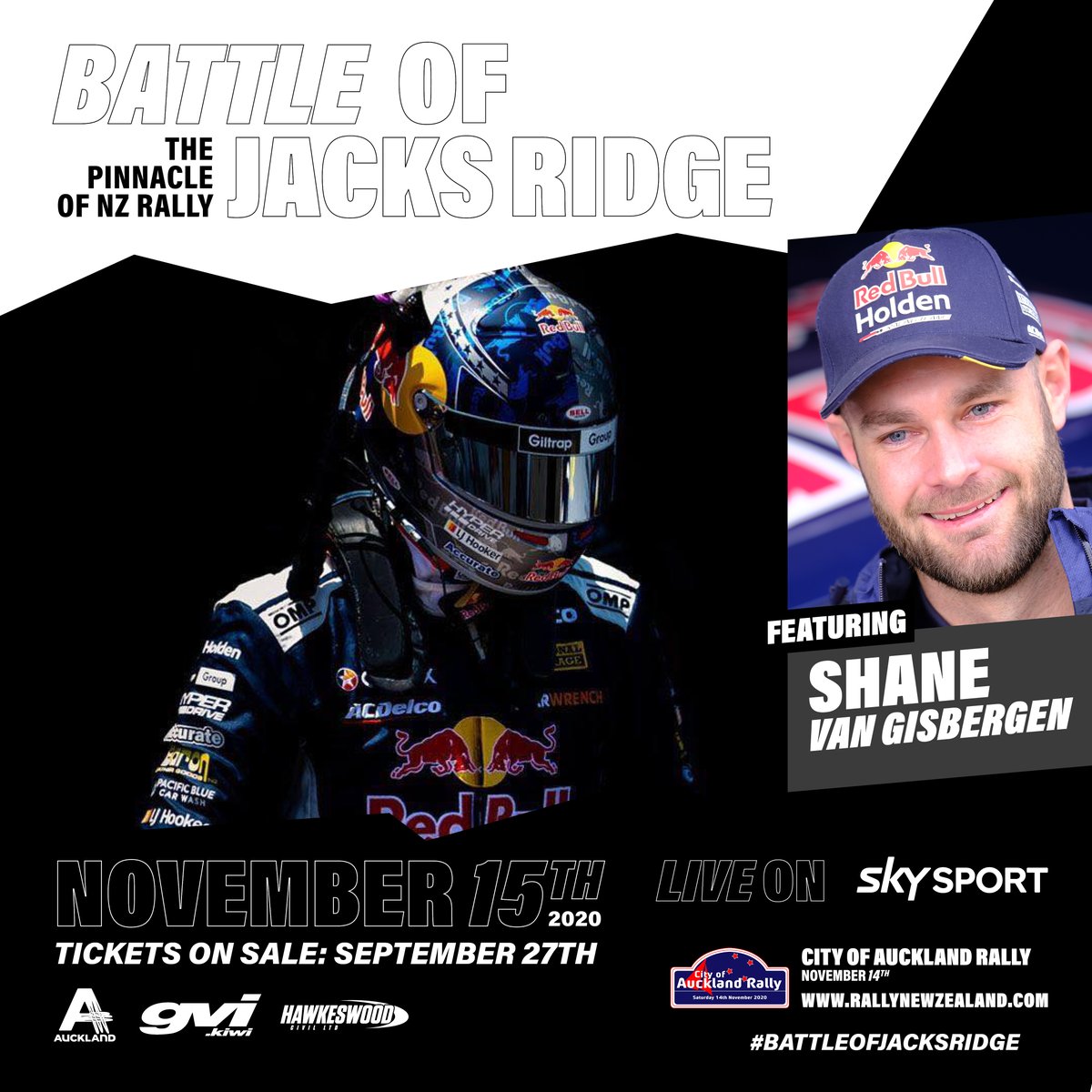 RallyNewZealand's tweet photo. MAJOR DRIVER ANNOUNCEMENT: Kiwi Supercars star Shane van Gisbergen has committed to entering the Battle of Jacks Ridge in November and will take on the best rally drivers in the country at their own game.

https://t.co/EUbZbLja0E

#Auckland #BattleOfJacksRidge #BOJR https://t.co/pw7MFA3GWV