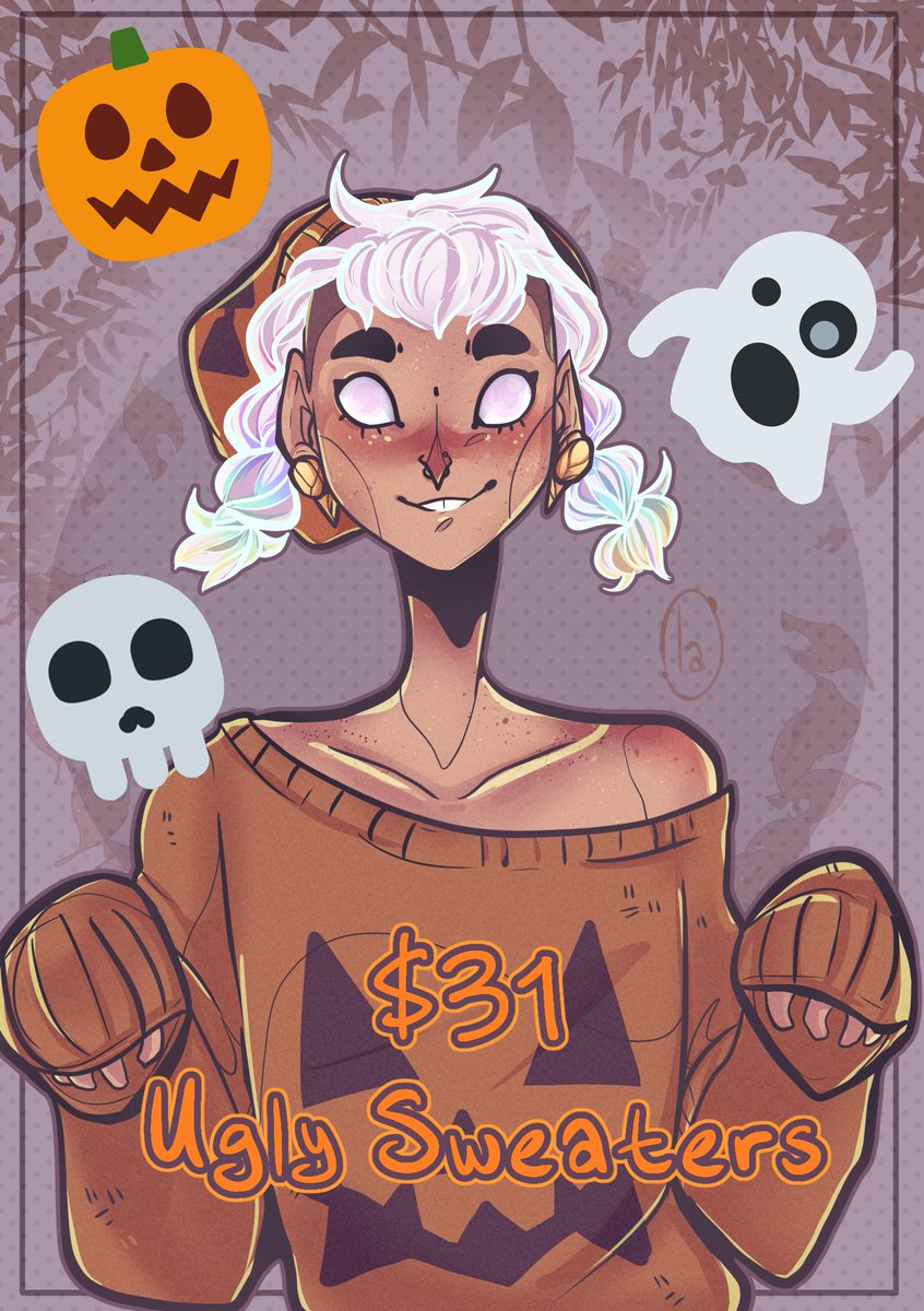 hallalaween's tweet photo. For the 31 Days of Spookyween, get your character drawn in a sweater that haunts the senses! 

31 Days of $31 Waist-Up Ugly Sweater Comms are here for autumn!! 

All commissions are paid for through Paypal invoices! You can contact me at cmyklala at gmail if interested! https://t.co/QH8pIRPucz