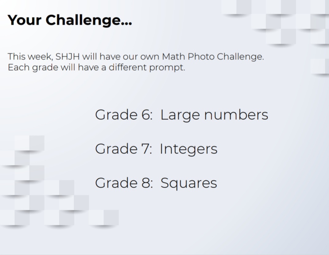 joann_sandford's tweet photo. Inspired by #MathPhoto20, @SHJH_FALCONS are completing our own Math Photo Challenge this week. 3 grades, 3 prompts. All centered on their first unit topics. Where do you see large numbers, integers, and squares in our surroundings? #iteachmath #HRCEmath #mtbos @rogersnbroots https://t.co/Fs1kyrVxxr