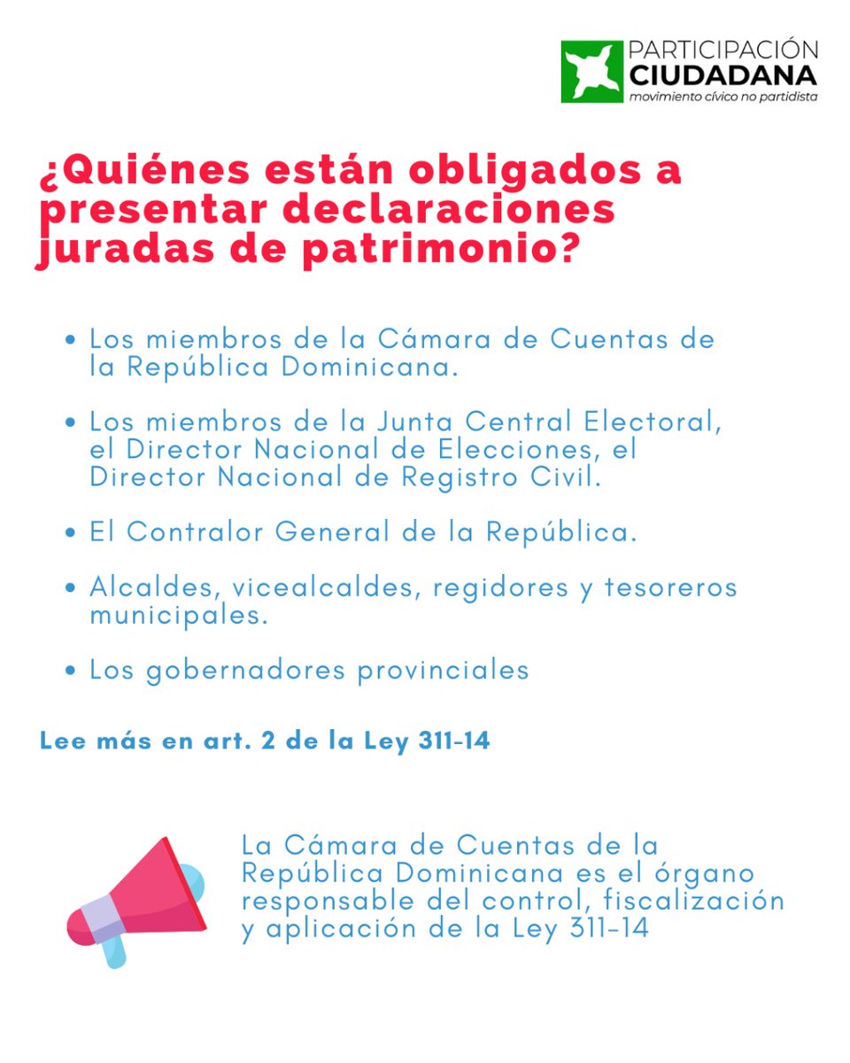 Es deber y responsabilidad de la <a href="/CamaraCuentasRD/">CamaraCuentasRD</a> verificar la veracidad de las declaraciones juradas de patrimonio de los funcionarios, a fin de garantizar la #Transparencia de la #GestiónPública.

#DeclaraciónJuradaDePatrimonio #DeclaraciónDeBienes  #ParticipaciónCiudadanaRD