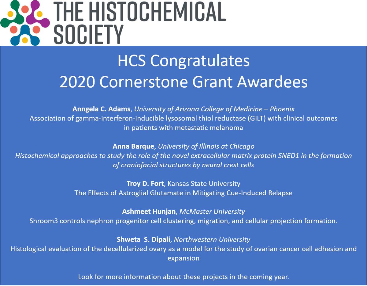 histochemnews's tweet photo. Congratulations to the 2020 HCS Cornerstone Grant Awardees! 

This grant provides funds to assist graduate medical trainees and graduate students in conducting research involving #immunohistochemistry or #histochemical techniques and in situ hybridization. https://t.co/o1TSbov5VS