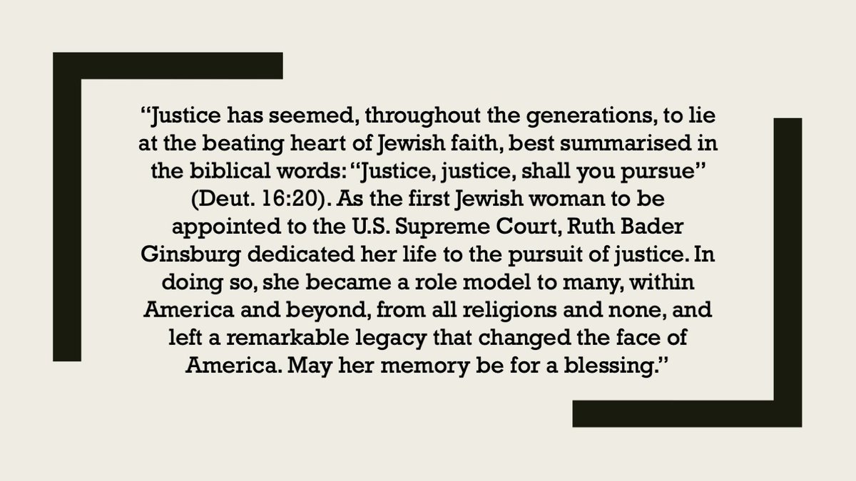 rabbisacks's tweet photo. “Justice, justice, shall you pursue” (Deut. 16:20). Justice, throughout the generations, has been at the beating heart of Jewish faith, and it was at the beating heart of Ruth Bader Ginsburg’s remarkable life. May her memory be for a blessing. https://t.co/ekCfPvd5MJ