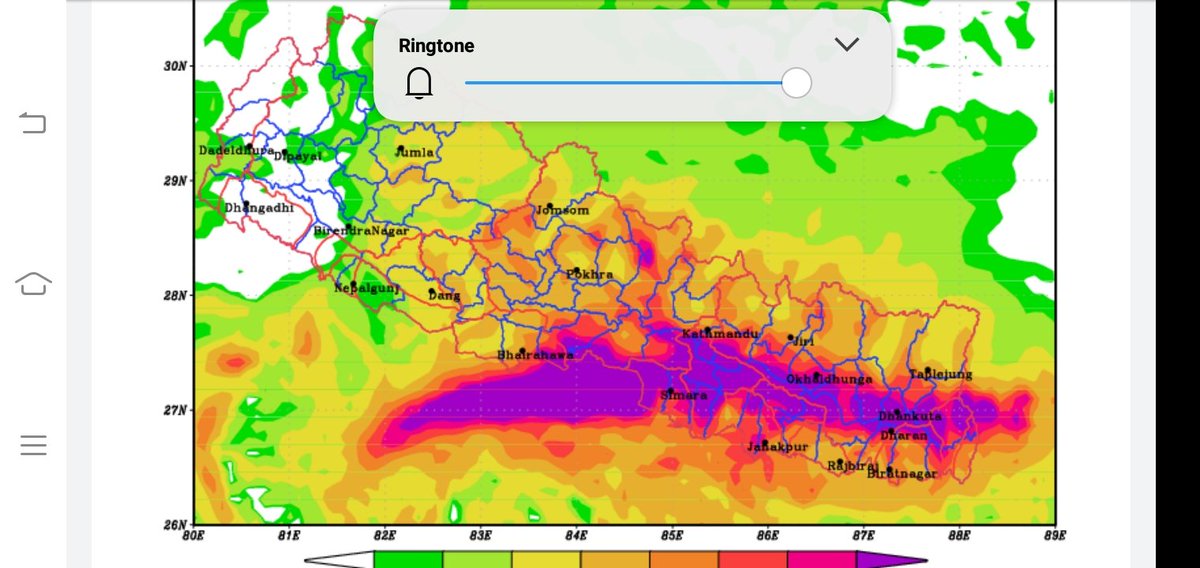 DharamUprety's tweet image. This is very surprising the rainfall scenerio has developed in september if this scale. It is expected that heavy to very heavy rainfall will likely to occure on 22-24 september covering west Bhairawa to east Jhapa and around.@ourktv
@NDRRMA_Nepal