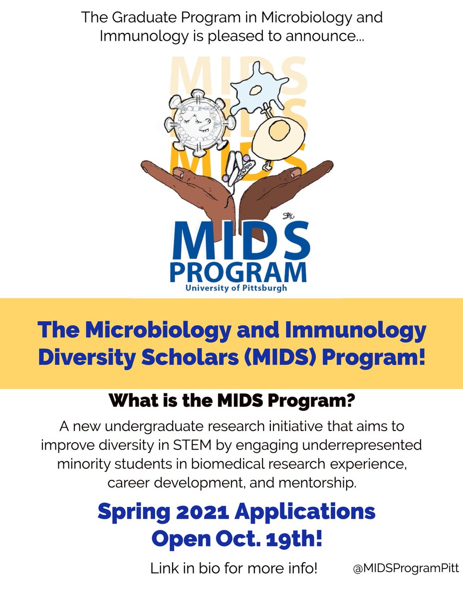 Excited to announce the new Microbiology and Immunology Diversity Scholars (MIDS) Program! MIDS is an undergraduate research initiative established by <a href="/Pitt_PMI/">Pitt Micro/Immuno</a> and aims to engage underrepresented students in biomedical research. Link in bio for more info!