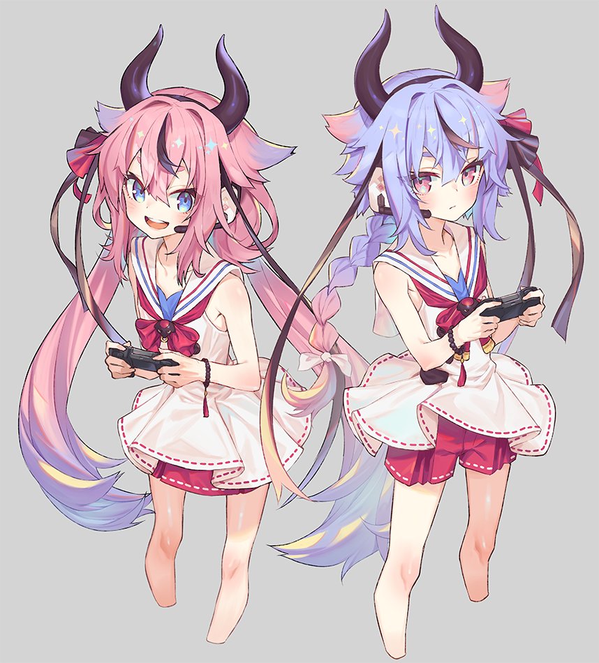red shorts horns 2others braid pink hair shorts multiple others  illustration images