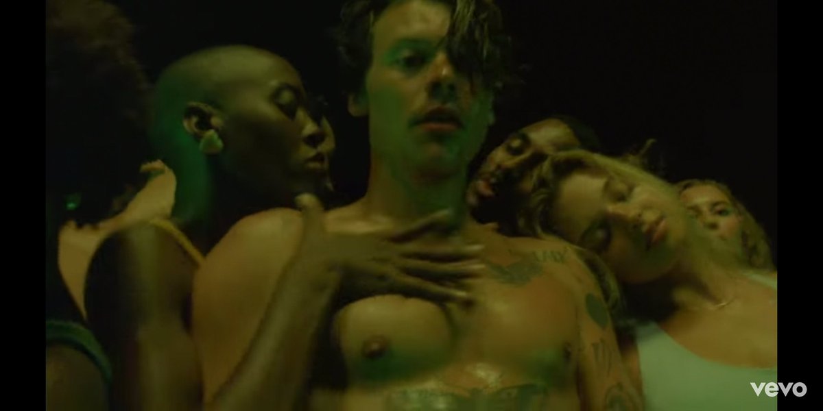 Scenes depicting him surrounded by people, semi nude, touching him and each other, are a loud message of his sexuality. He never does make eye contact with these people, alluding to only a physical connection, which goes with the theme of the album: "having sex and feeling sad."