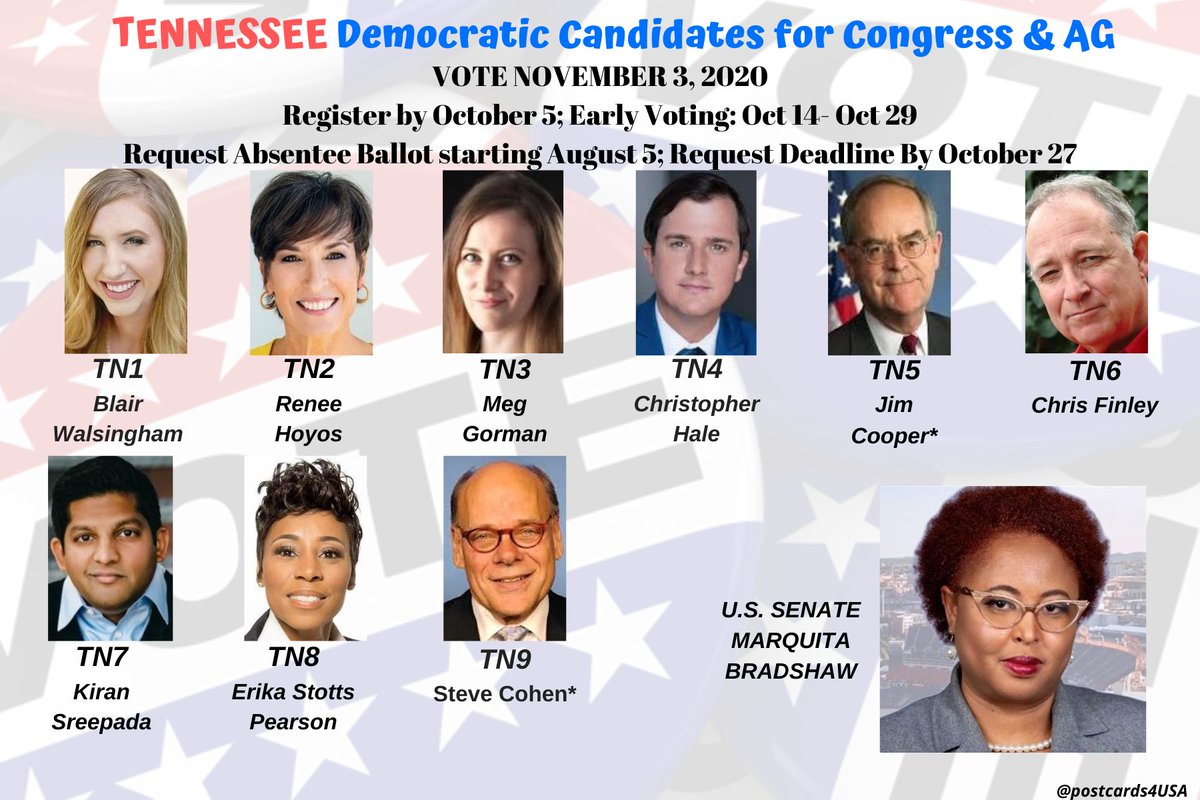 TENNESSEE Democratic Candidates for Congress #TN1  #TN2  #TN3  #TN4  #TN5  #TN6  #TN7  #TN8  #TN9 & SENATEPostcards & LINKS to Follow & Support #Congress2020THREAD #PostcardsforAmericaFB Link:  https://www.facebook.com/postcards4USA/posts/3169320726515451THREAD:  https://twitter.com/postcards4USA/status/1293012985724764163GoogleDoc:  https://pc2a.info/DemCandidatesTN 