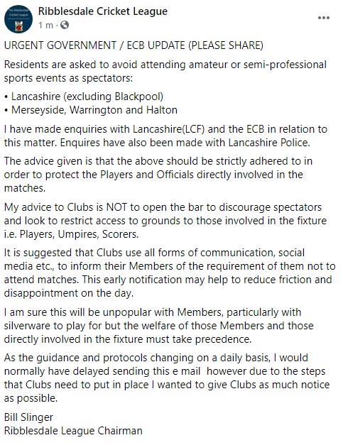 RibblesdaleCL's tweet photo. 🔴🔴 URGENT GOV / ECB UPDATE 🔴🔴

NO SPECTATORS ALLOWED AT ANY GAMES THIS WEEKEND. (Please Retweet) https://t.co/nJJGNH8M87