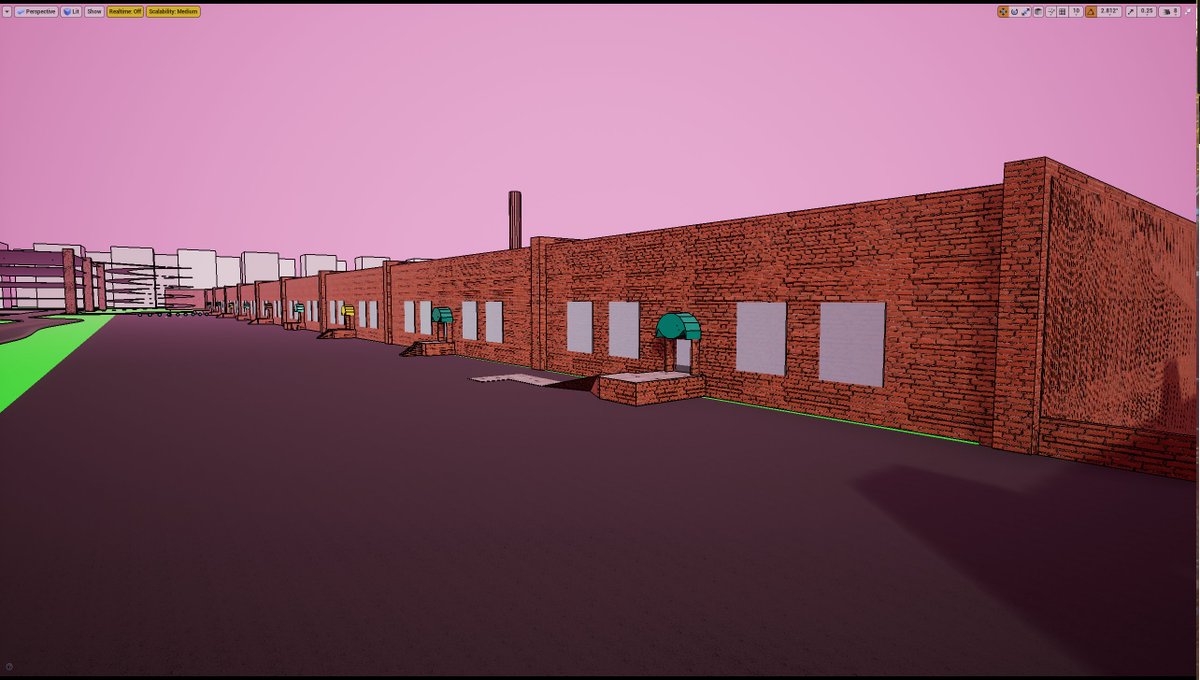 Added in some details to the long building among other things today.  #UntitledDrivingGameEspecially modeling after a real location, it's hard for me to scale things in  #UE4 for best "feel" instead of basing it on "actual" scale. #indiedev  #gamedev  #indiegame  #100DaysOfCode