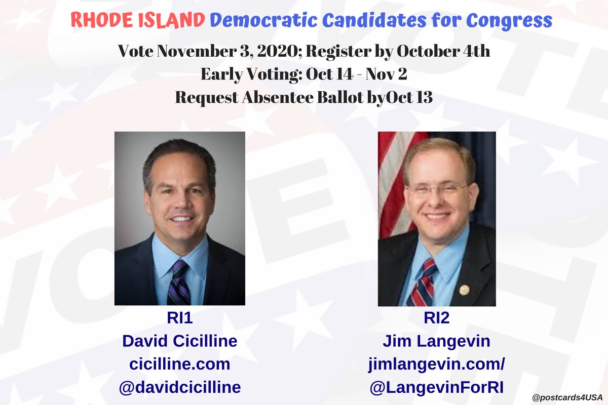 RHODE ISLAND Democratic Candidates #RI1  #RI2Postcards & Links for each Candidate Follow & Support! #Congress2020  #HoldTheHouseTHREAD  https://twitter.com/postcards4USA/status/1304224252334403585Shareable FB Post HERE  https://www.facebook.com/postcards4USA/posts/3271080086339514  #PostcardsforAmericaAll 50 States here  https://www.postcardsforamerica.com/all-democratic-candidates-by-state.html