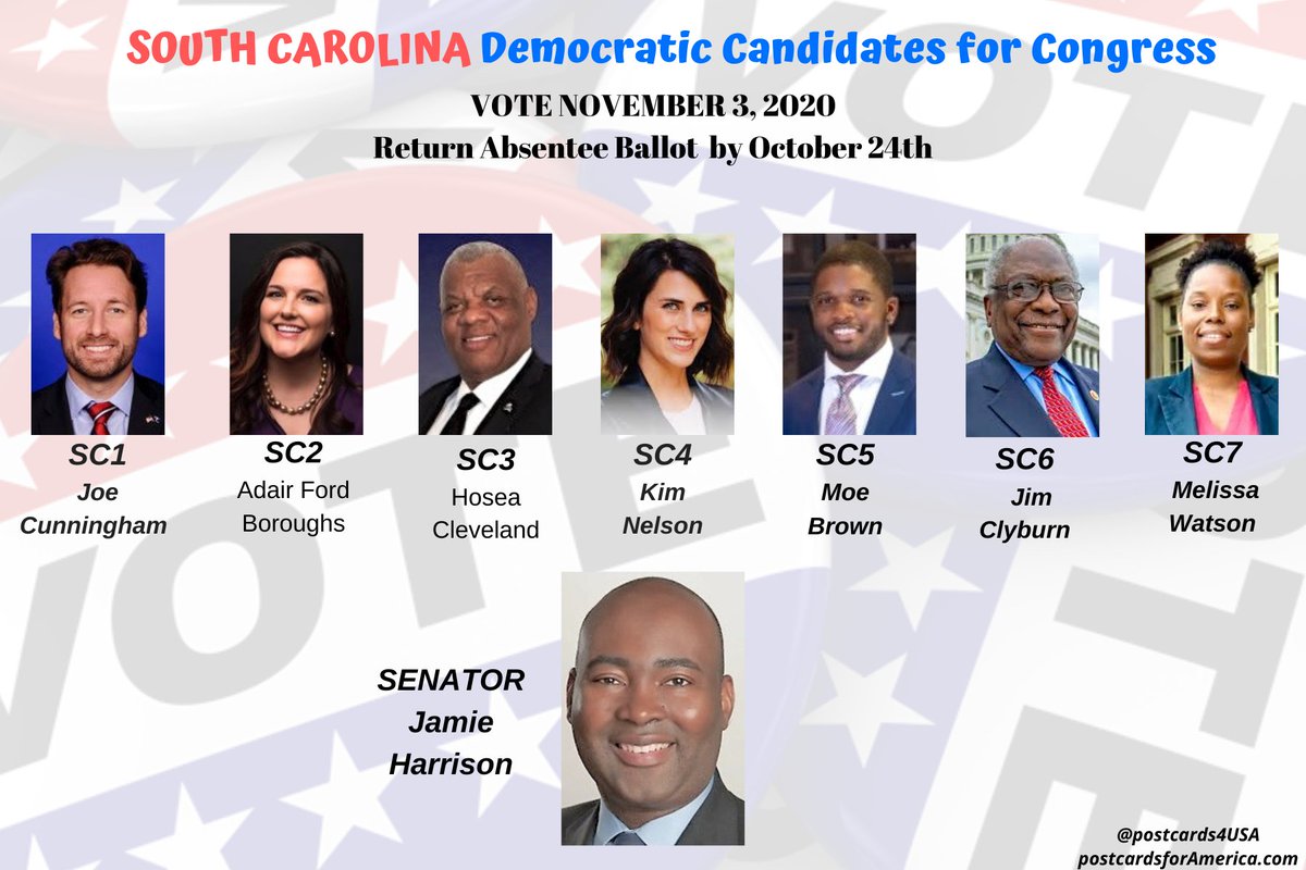 SOUTH CAROLINA DEMOCRATIC CANDIDATES #SC1  #SC2  #SC3  #SC4  #SC5  #SC6  #SC7 & SENATEPostcards & LinksTHREAD  https://twitter.com/postcards4USA/status/1307831747686662145FB Post  https://www.facebook.com/postcards4USA/posts/3057977100983148GoogleDoc:  https://pc2a.info/DemCandidatesSC  http://www.postcardsforAmerica.com  #PostcardsforAmerica All 50 States  https://www.postcardsforamerica.com/all-democratic-candidates-by-state.html