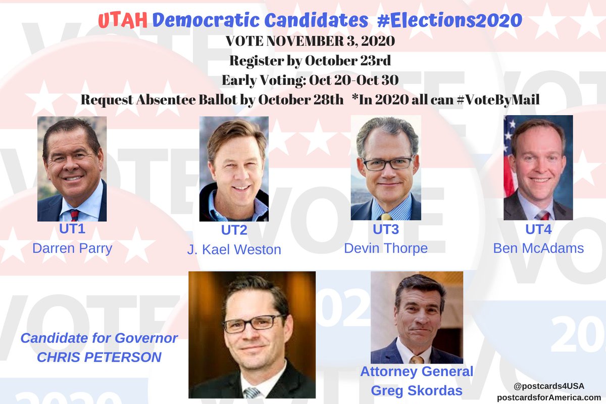 UTAH Democratic Candidates for Congress #UT1  #UT2  #UT3  #UT4 & GOVERNOR & AGPostcards & Links to Follow & SupportTwitter THREAD with Individual tweets & links for EACH Candidate:  https://twitter.com/postcards4USA/status/1284684071050903552Shareable Facebook Post link:  https://www.facebook.com/postcards4USA/posts/3102114783236046 #PostcardsforAmerica