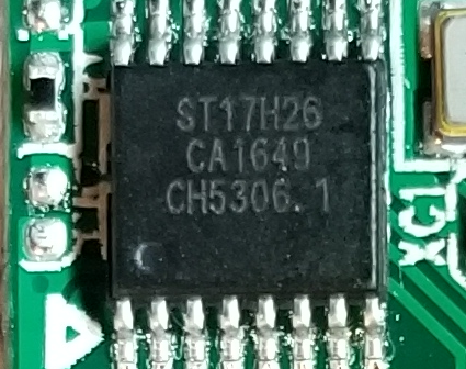 That chip is a ST17H26. It's a bluetooth microcontroller, with a 32bit core, 6 kilobytes of on chip ram, and 16 kilobytes of one-time-programmable program ROM.It's got built in support for BLE and power management, so it's ideal for this sort of application.