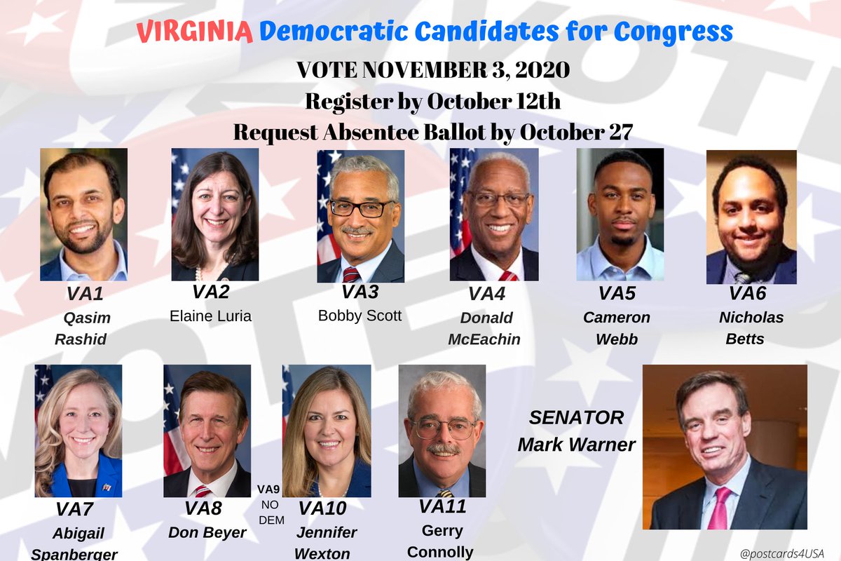 VIRGINIA DEMOCRATIC CANDIDATES #VA1  #VA2  #VA3  #VA4  #VA5  #VA6  #VA7  #VA8  #VA9  #VA10  #VA11 & SENATEPostcards & Links #Congress2020  #NoSafeSeatsTHREAD  https://twitter.com/postcards4USA/status/1279949442871971841FB Post  http://www.facebook.com/postcards4USA/posts/3065857893528402GoogleDoc  https://pc2a.info/DemCandidatesVA 