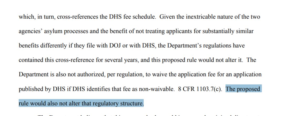 Even worse, the proposed regulation also acknowledges that EOIR will not budge and has refused to create a fee waiver process to go along with  @USCIS's creation of an asylum fee.Asylum seekers earning $1/day in ICE detention will be required to pay $50 just to seek protection.