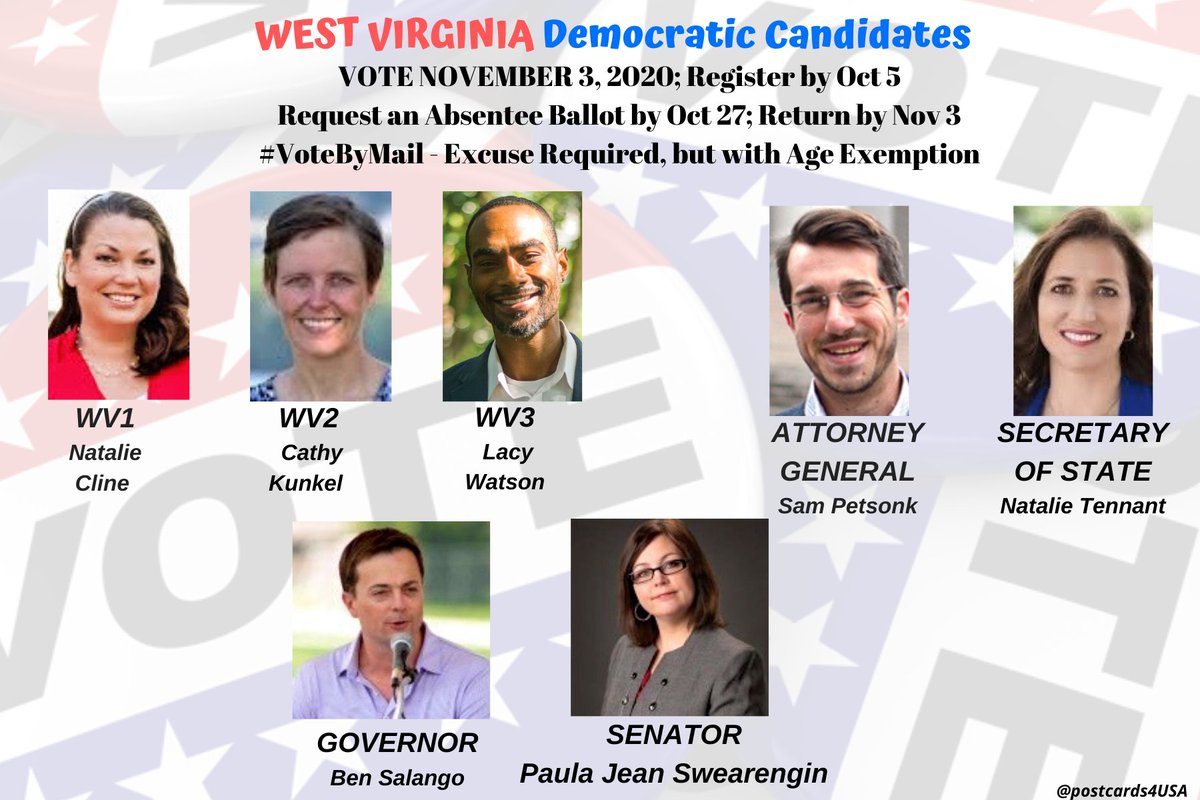 WEST VIRGINIA Democratic CandidatesSENATOR & GOVERNOR & SOS & AG #WV1  #WV2  #WV3 Postcards & Links #Congress2020  #NoSafeSeatsTHREAD  https://twitter.com/postcards4USA/status/1279554866311049227FB Post  https://www.facebook.com/postcards4USA/posts/3062973970483461GoogleDoc  https://pc2a.info/DemCandidatesWV  #PostcardsforAmerica