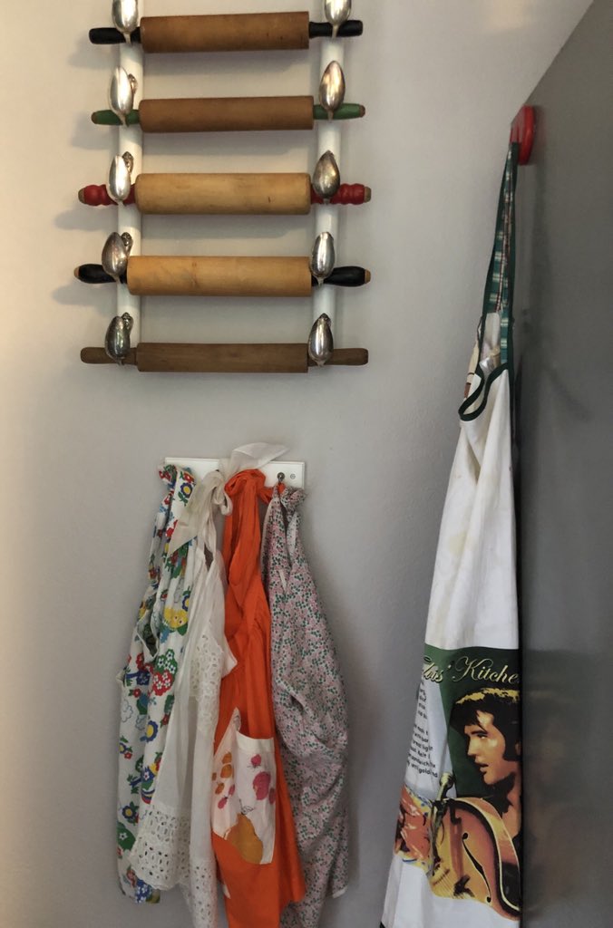 trixiemayj's tweet photo. When you see somethin on Etsy & your husband says โDonโt buy that. I can make it.โ And now I have a display rack for my vintage #rollingpins (made with vintage #silverplated #spoons!)..that hang above my vintage #aprons. ๐ โค๏ธ #thatsvintage #onemoretimeforthoseintheback #vintage https://t.co/p5VYiIiaco