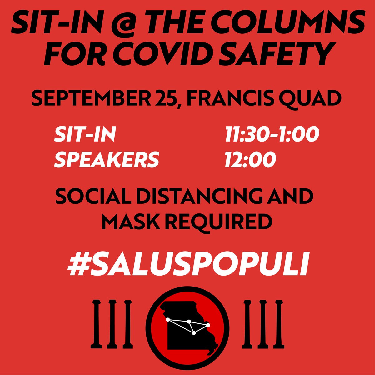 mo4covidsafety's tweet photo. Join us for a sit-in protest on Francis Quad this friday, we must ensure our demands are heard! Bring a poster, a mask, and social distancing will be enforced. Read more about our demands here https://t.co/kHZetl7nXW https://t.co/OD1z17xeh3