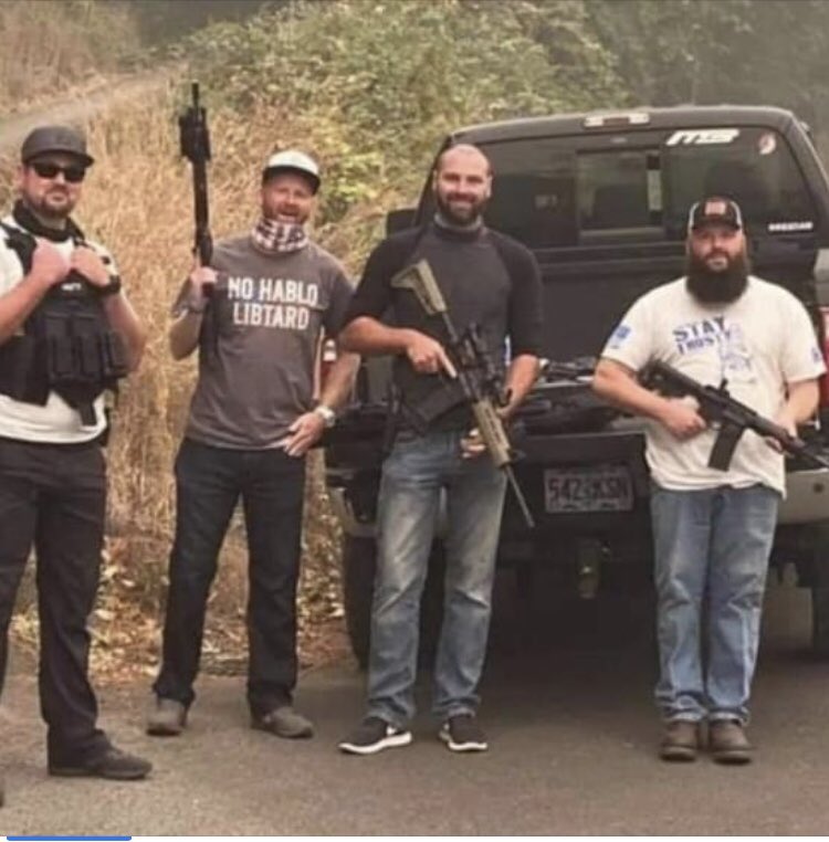ScottImmordino's tweet photo. Armed Trump supporters set up illegal blockades along evacuation routes in Oregon, threatening anyone who "doesn't look like they belong" which is code for Black and nonwhite people. What do you think about these guys patrolling our roads and communities armed to the teeth? https://t.co/3byJvriI9r