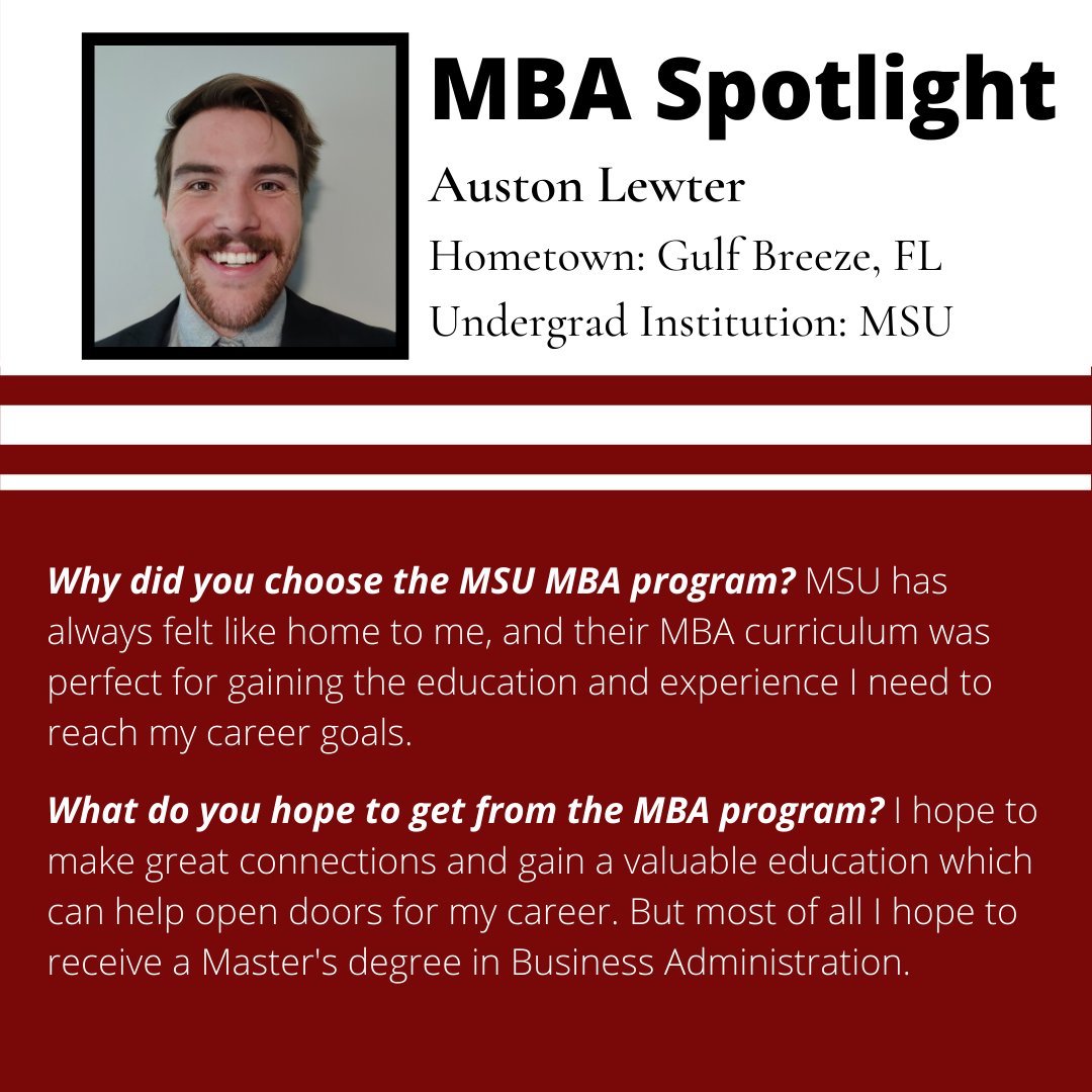 MSStateMBA's tweet image. Today's student spotlight is Auston Lewter! Auston is from Gulf Breeze, FL,  and he got a degree in Mechanical Engineering from MSU. Check out why he decided to pursue an MBA degree at MSU! #msstatemba

Learn more about the MSU MBA Programs at buff.ly/2C47pek