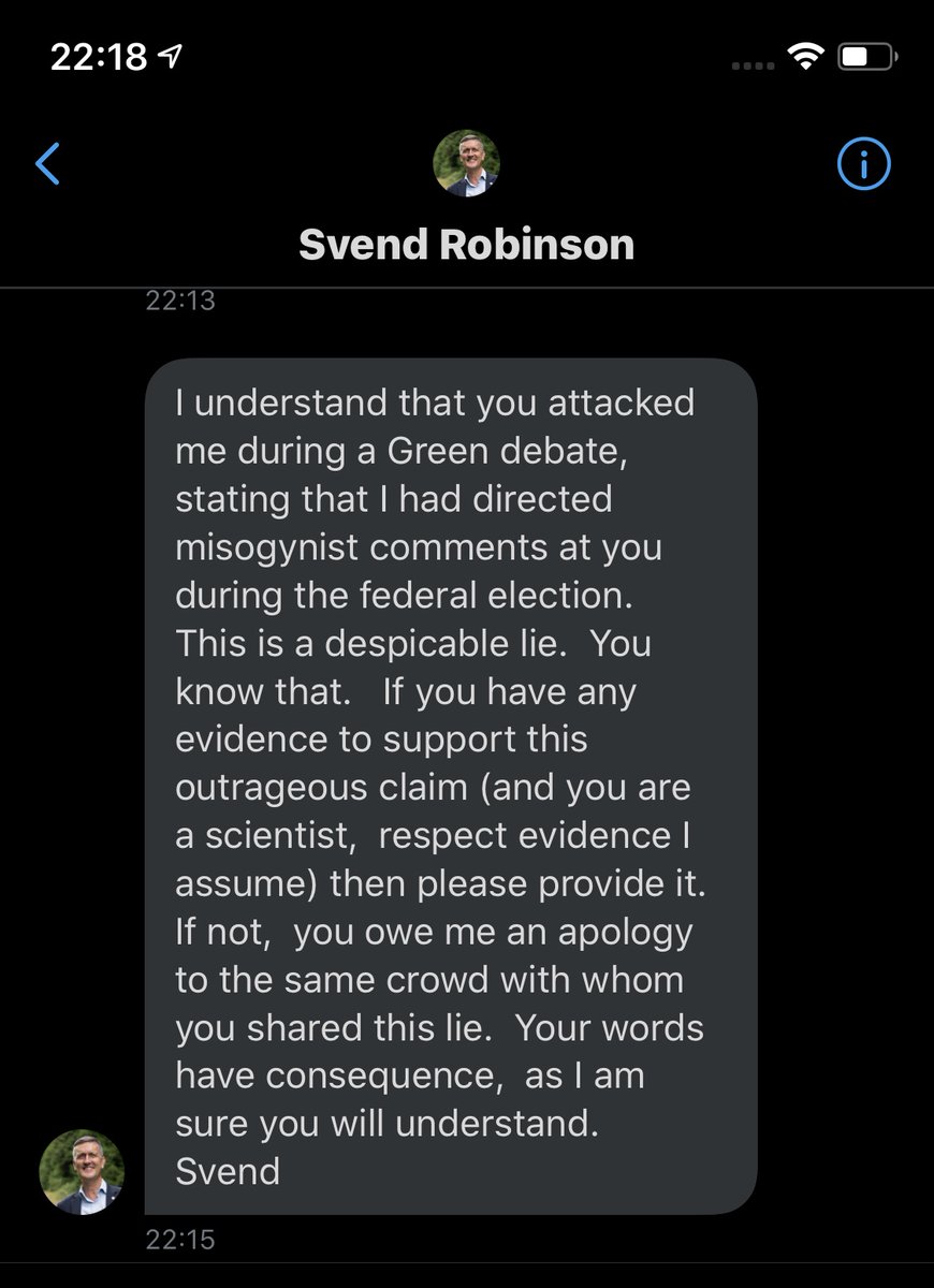So last night in a debate, I mentioned that during the 2019 election, I experienced misogynistic and abusive behaviour from my opponent,  @SvendJRobinson. I then received this DM: 1/