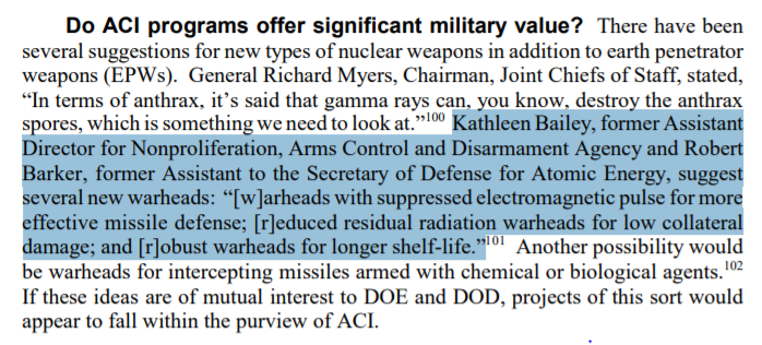 As to what actually happened to the RRR tactical nuke, that's still classified. But we get occasional clues like in 2003 Kathleen Bailey & Robert Barker recommended "reduced residual radiation warheads for low collateral damage" for Bush's Advanced Concepts Initiative (ACI)30/