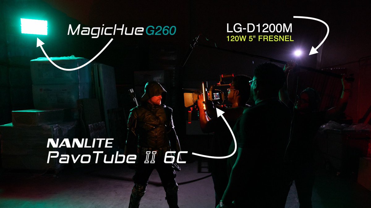 LEDGO_LED's tweet image. On set with @nerdbotmedia for their new series #CharacterSelect using the #MagicHueG260 #LGD1200M fresnel and #nanlitepavotubeii6c to light this warehouse scene with Green Arrow hunting Daredevil.