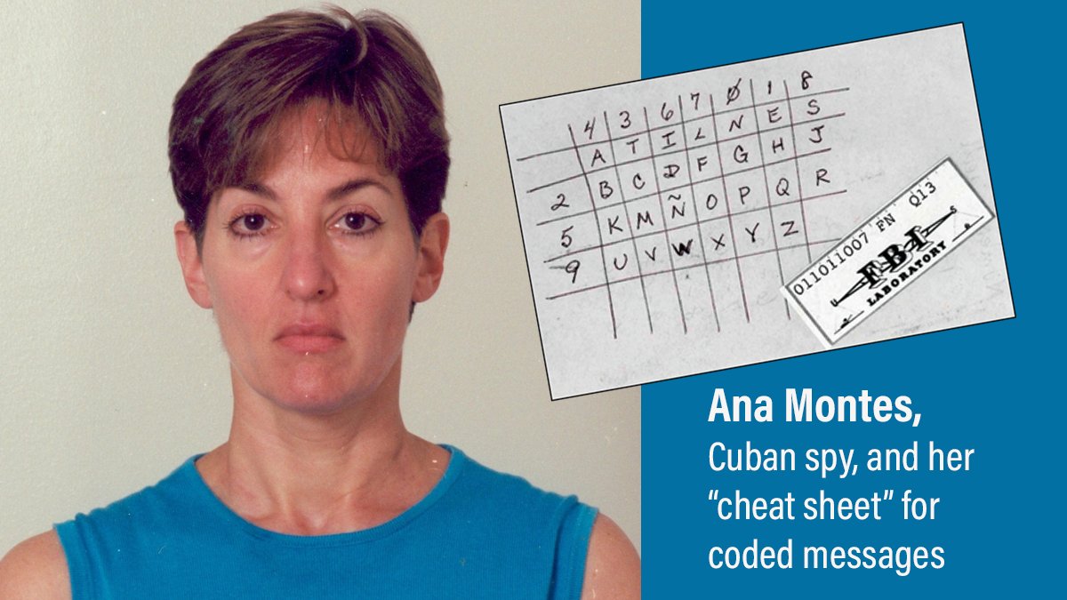 Mugshot of Ana Montes Cuban Spy and her "cheat sheet" for coded messages