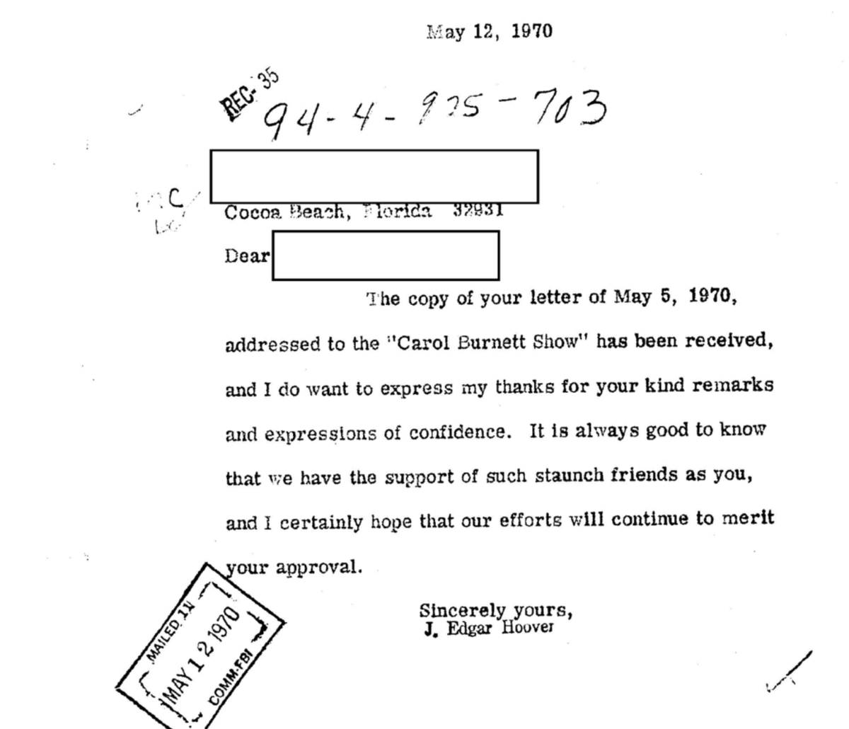 1970 - J. Edgar Hoover appreciated those who wrote to him to complain about the Carol Burnett Show.