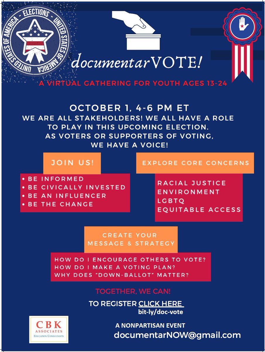 documentarNOW's tweet photo. RT: DocumentarVOTE Gathering for Youth 13-24, Oct 1, 4-6pmET Register: https://t.co/XNVMJXltUY
nonpartisan
It's time to CONNECT EXPLORE CREATE TAKE ACTION
START NOW! Submit to Documentar using words, visual art, photo, spoken word - why Voting Matters! https://t.co/6TfR09YdyD https://t.co/sgCNIvO2OL