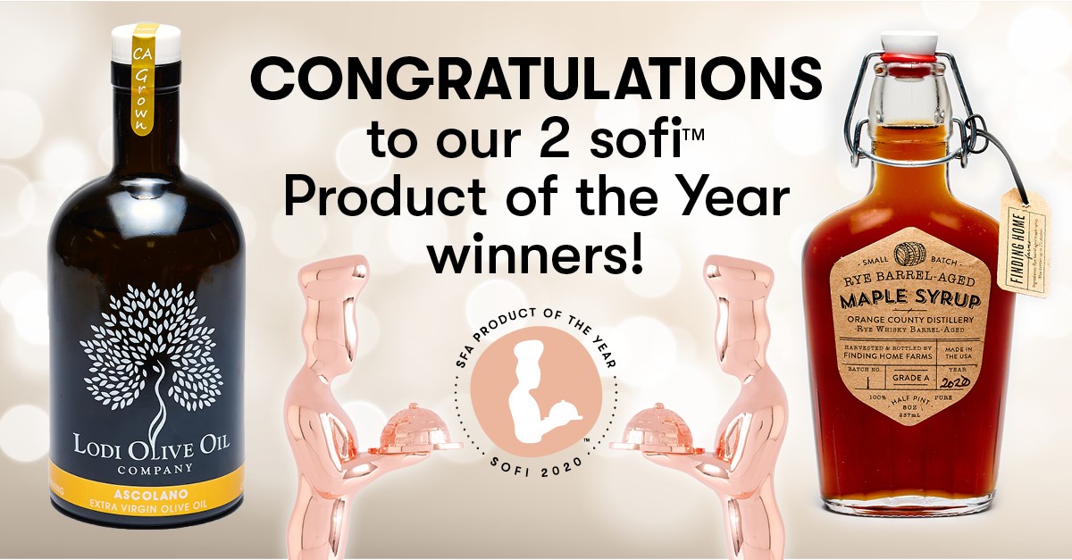 ✨It's a tie! Congratulations to our sofi™ Product of the Year winners...Lodi Olive Oil Company &amp; Finding Home Farms Rye Barrel-Aged Maple Syrup 🤩 #sofiAwards #SpecialtyFoodLive