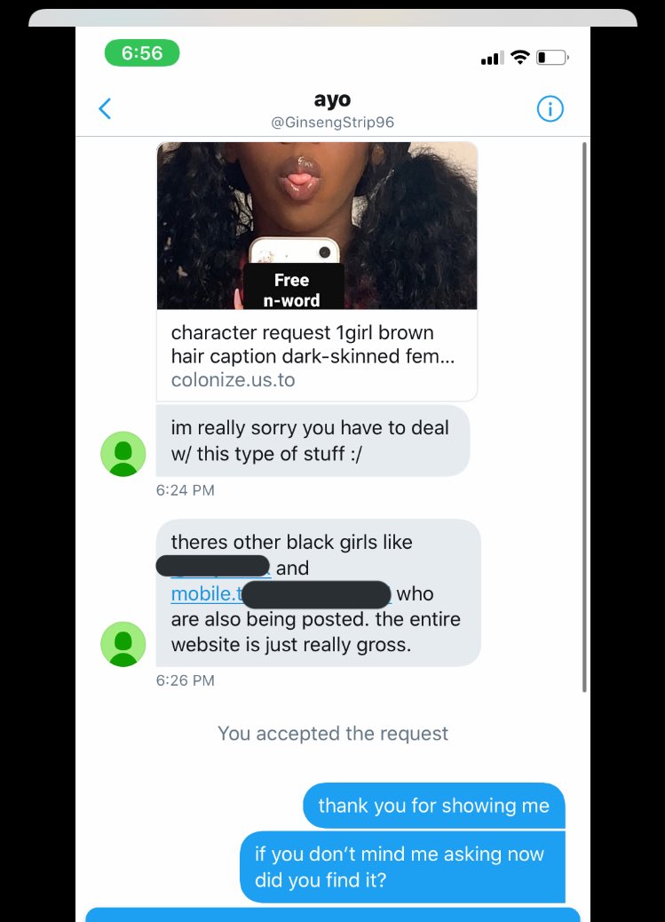 A few months ago on July 29th, an anonymous user messaged  @kanekislut about her and other black girls’ photos being posted to a race fetish porn site. This is a thread exposing the group, which goes by “Bleached.”