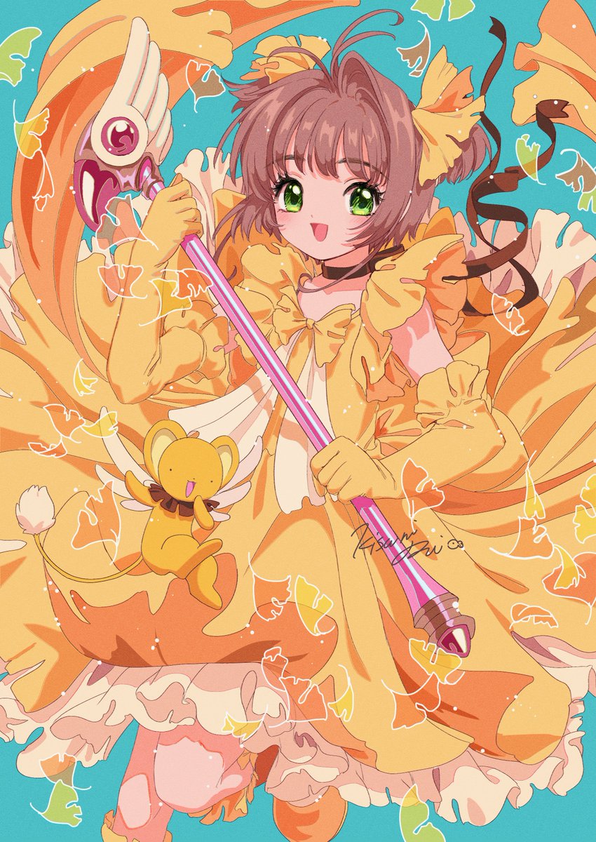 kero ,kinomoto sakura 1girl green eyes brown hair gloves elbow gloves dress yellow gloves  illustration images