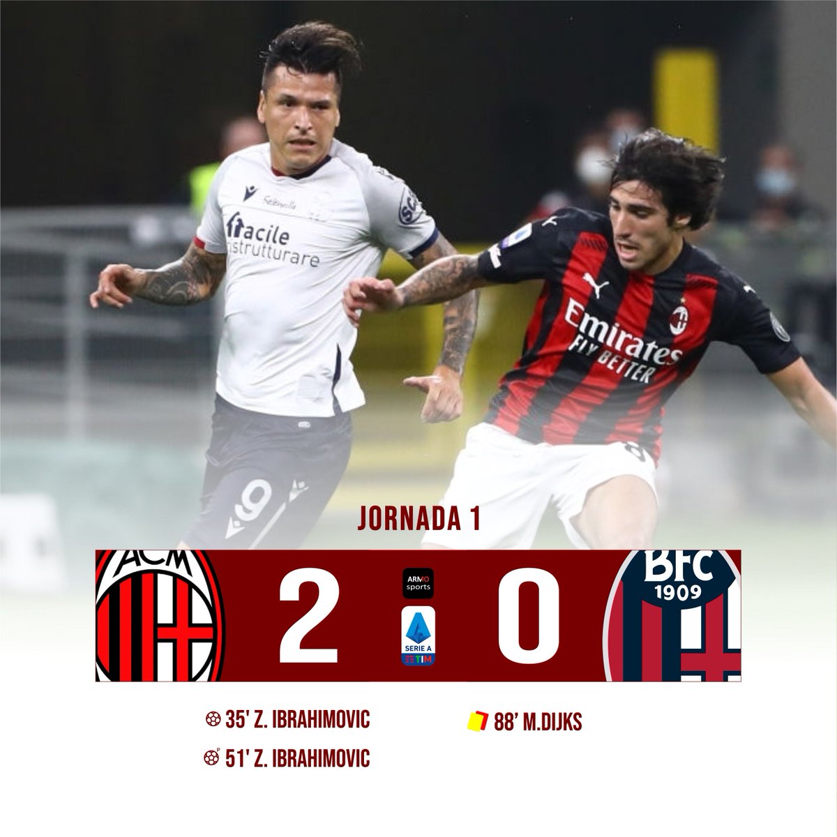 ARMOSportsPy's tweet image. No pudieron en el regreso de la Serie A!

Bologna de visitante con Federico Santander ingresando al minuto 80' por Rodrigo Palacios, cayó por 2 a 0 contra el Milan, por la primera fecha del campeonato italiano. 🇮🇹