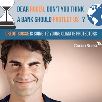 Bern: Auf dem Bundesplatz rebellieren wir auch gegen die  CS, welche fossile Energieträger finanziert und sich mit <a href="/rogerfederer/">Roger Federer</a> Sympathien einkauft.
Wir stehen solidarisch zu den Aktivisten, die heute mit der CS vor Gericht stehen.
#RogerWakeUp 
#RiseUpForChange