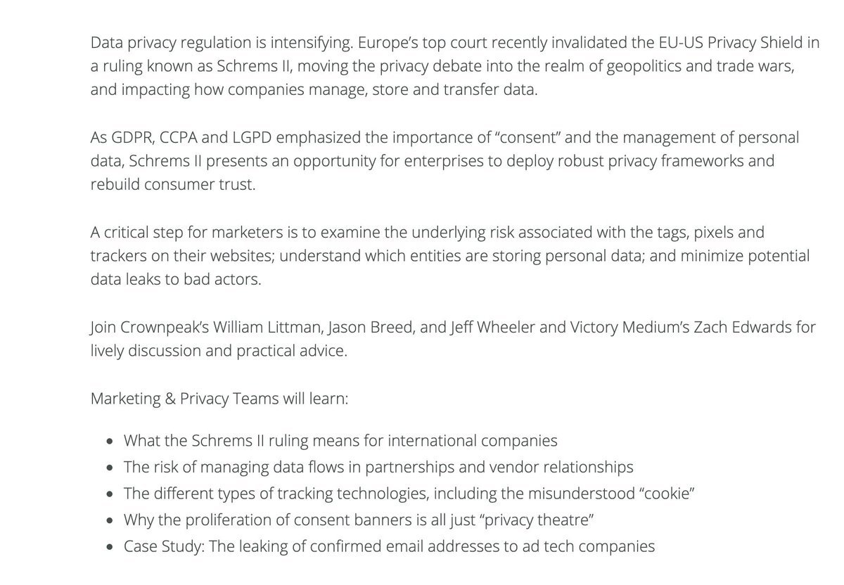 At an upcoming webinar w/  @Crownpeak, I'll be talking more about Partner Auditing + User Data Side Channel Exfiltration + Snapchat's Ad Partners + Why this is a BIG risk due to the recent Schrems II decisions... .Want to get the inside scoop? RSVP @  https://www.crownpeak.com/resources/webcasts/data-privacy-marketing-series-how-schrems-ii-is-raising-the-privacy-risk-stakes